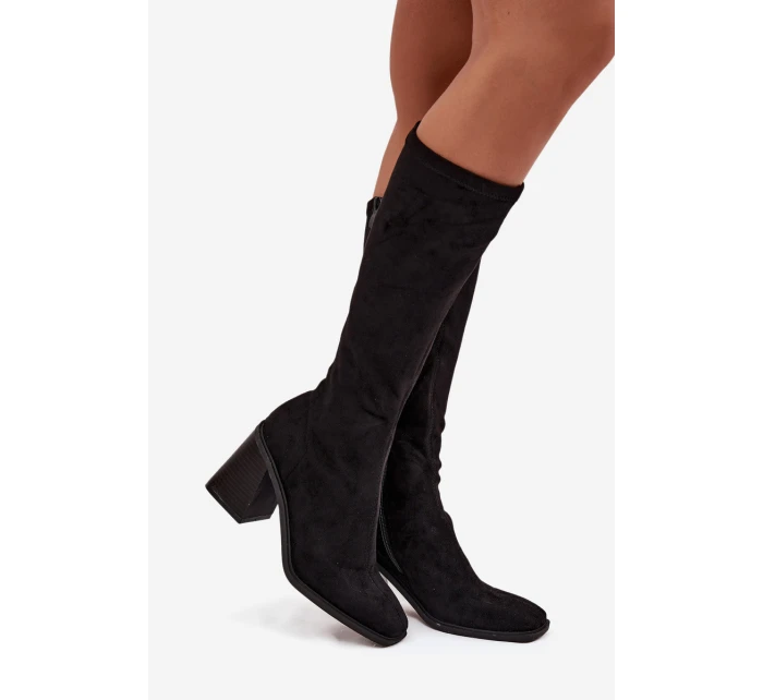 Dámské kozačky na masivním sloupkovém podpatku Traven – černé