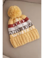 Dámská zimní čepice s vlnou a nápisem s velkým bambulí K422 musardová