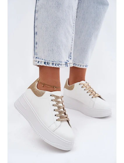 Dámské tenisky na platformě z imitace kůže bílo-zlaté se třpytkami Calinae Dámské tenisky na platformě z imitace kůže bílo-zlaté se třpytkami Calinae