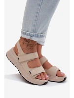 Kožené dámské sandály na platformě na suchý zip Béžové model 22136692 - EVENTO