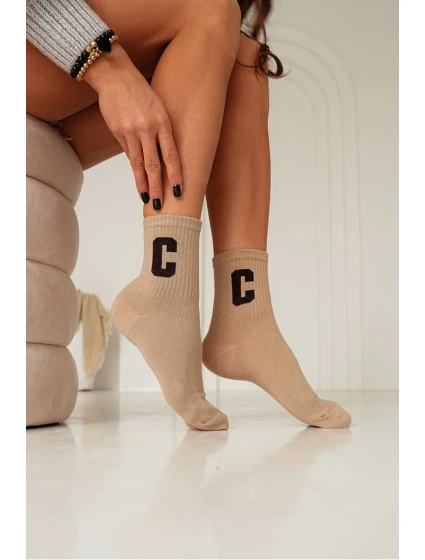 Bavlněné Dámské Ponožky S Písmenem C Béžové Bavlněné Dámské Ponožky S Písmenem C Béžové