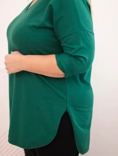 Dámská bavlněná blůza Plus Size s výstřihem do V a ohrnutým rukávem tmavě zelená
