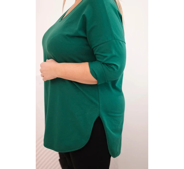 Dámská bavlněná blůza Plus Size s výstřihem do V a ohrnutým rukávem tmavě zelená Dámská bavlněná blůza Plus Size s výstřihem do V a ohrnutým rukávem tmavě zelená
