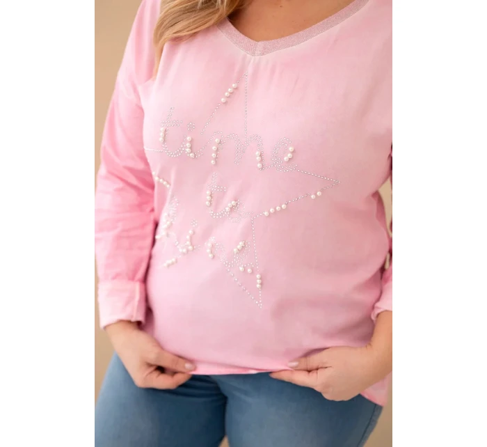 Dámská blůza Plus Size s potiskem a perlami světle růžová Dámská blůza Plus Size s potiskem a perlami světle růžová
