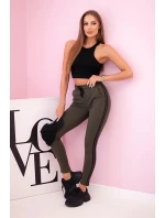 Dámské tepláky s lampasy a vázáním v pase khaki Dámské tepláky s lampasy a vázáním v pase khaki