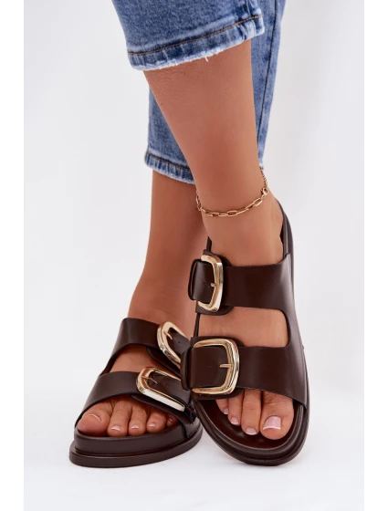 Dámské ekologické kožené pantofle se zlatými sponami Čokoládové model 21960841 - Boto