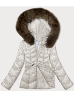 Prošívaná dámská bunda v ecru barvě s kapucí Glakate pro přechodné období (LU-2202)