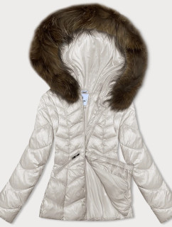 Prošívaná dámská bunda v ecru barvě s kapucí Glakate pro přechodné období (LU-2202)