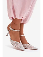 Dámské síťované sandály na jehlovém podpatku se zdobením Stříbrné model 22103201 - Boto Dámské síťované sandály na jehlovém podpatku se zdobením Stříbrné model 22103201 - Boto