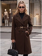 Elegantní dámský dvouřadý kabát s páskem v čokoládové barvě FashionStreet NY0789