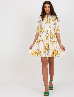 Béžové a žluté dámské květinové šaty s páskem