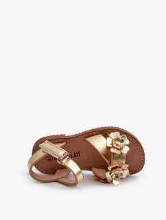 Dětské sandály zdobené květinami, zapínání na suchý zip, zlatá fagossa