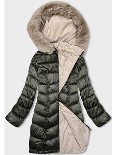 Dámská oboustranná zimní bunda s kapucí khaki-béžová (B8203-11046)
