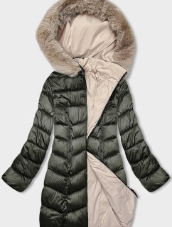 Khaki-béžová oboustranná dámská zimní bunda s kapucí (B8203-11046)