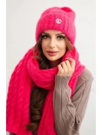 Dámská souprava čepice a šály s pruhy se zdobením neonově růžový