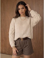 Dámský oversize svetr s copánkovým vzorem, světle béžový, FashionStreet MY2590