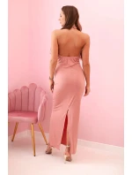 Dámská maxi šaty s odhalenými zády a řasením - tmavě růžová