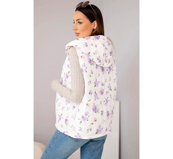 Dámská prošívaná vesta s květinami a kapucí fialová