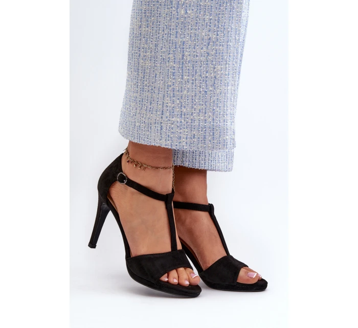 Dámské sandály na podpatku z eko semiše černé model 21658231 - VINCEZA