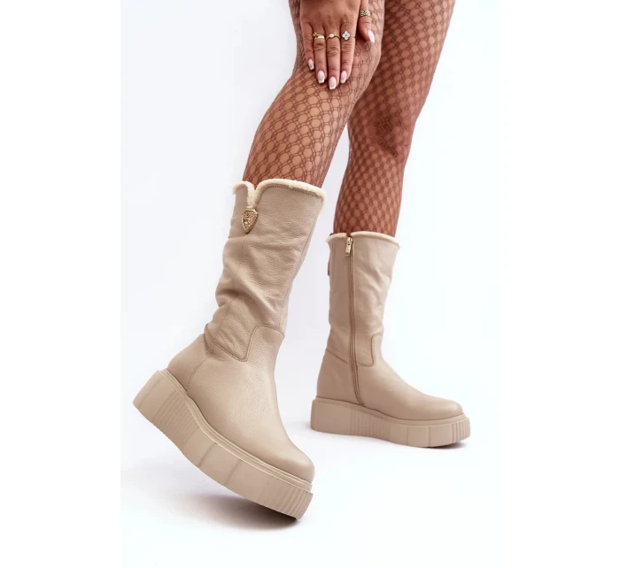 Dámské béžové kožené boty s vlnou Bayla