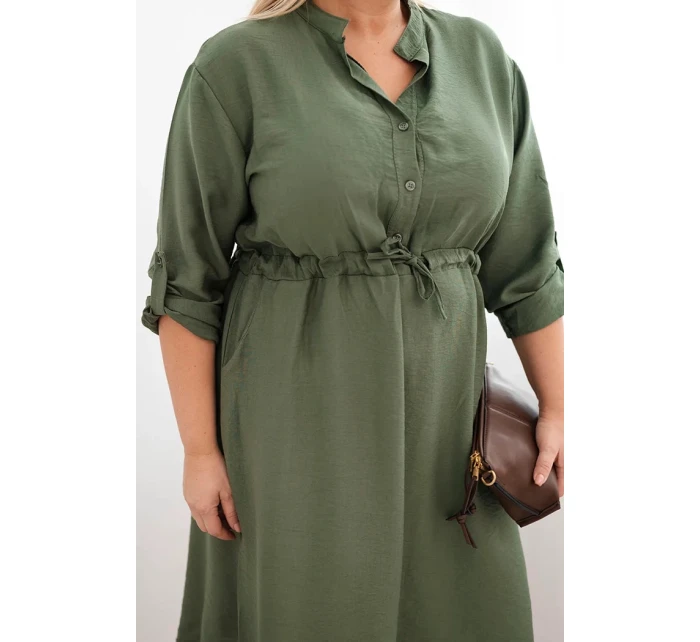 Dámské šaty z viskózy Plus Size s knoflíky a vázáním v pase khaki