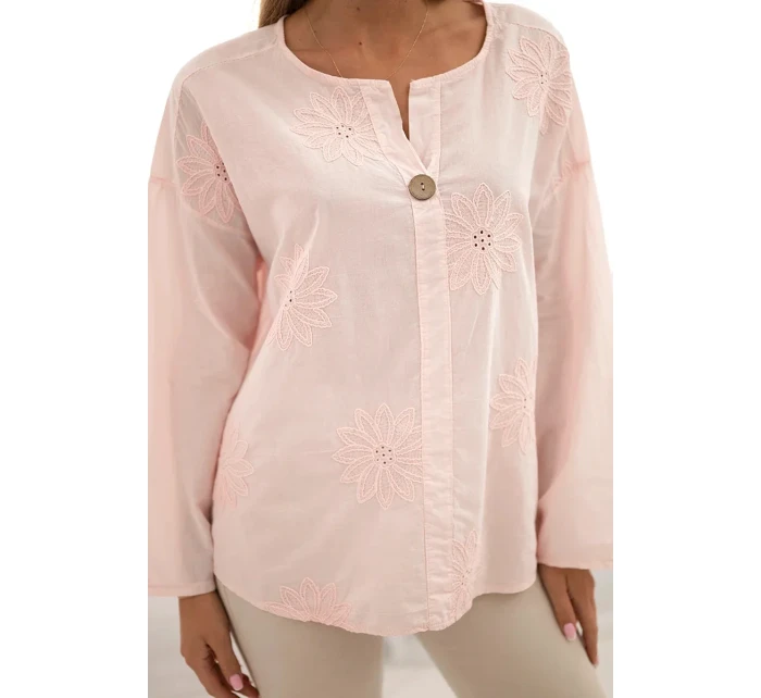 Košilová halenka s vyšívaným vzorem pudrově růžová