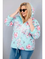 Dámská jarní prošívaná bunda Plus Size s kapucí a květinovým vzorem mátová