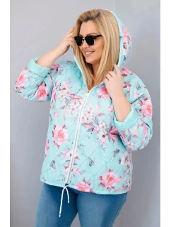 Dámská jarní prošívaná bunda Plus Size s kapucí a květinovým vzorem mátová