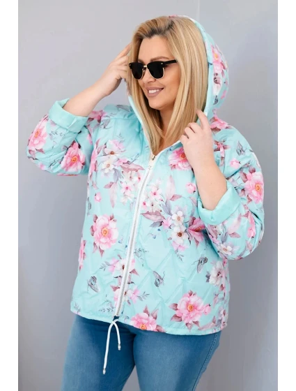 Dámská jarní prošívaná bunda Plus Size s kapucí a květinovým vzorem mátová