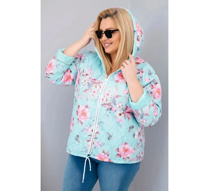 Dámská jarní prošívaná bunda Plus Size s kapucí a květinovým vzorem mátová