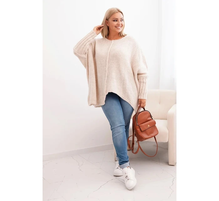 Dámský svetr Plus Size z model 21259040 volného střihu s rukávem 3/4 béžový - K-Fashion