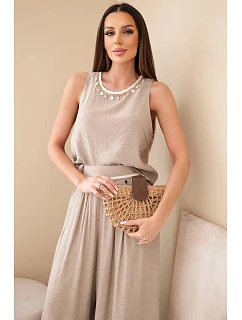 Dámský komplet s viskózou s model 22048795 bez rukávů a kalhotami se širokou nohavicí s ozdobným zakončením fango - K-Fashion