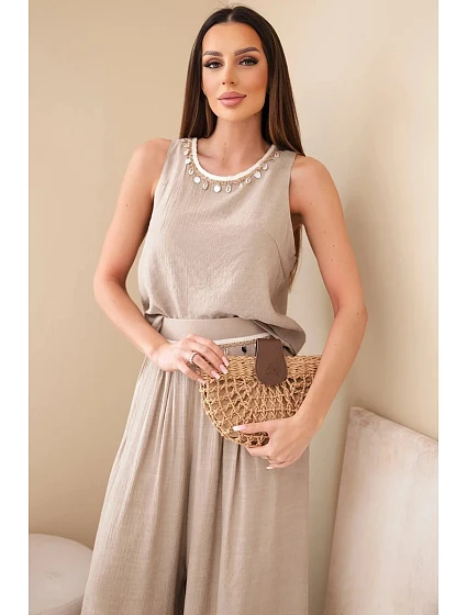 Dámský komplet s viskózou s model 22048795 bez rukávů a kalhotami se širokou nohavicí s ozdobným zakončením fango - K-Fashion