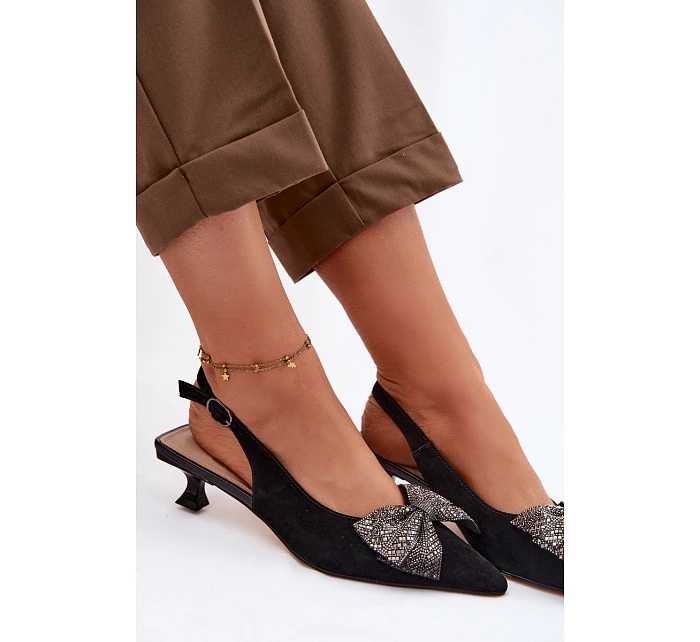Kožené semišové sandály s mašlí na podpatku model 22100311 černé - D&A