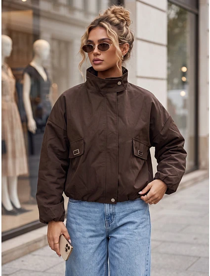 Dámská přechodná bunda typu bomber s stojáčkem, hnědá, FashionStreet TY6022 Dámská přechodná bunda typu bomber s stojáčkem, hnědá, FashionStreet TY6022