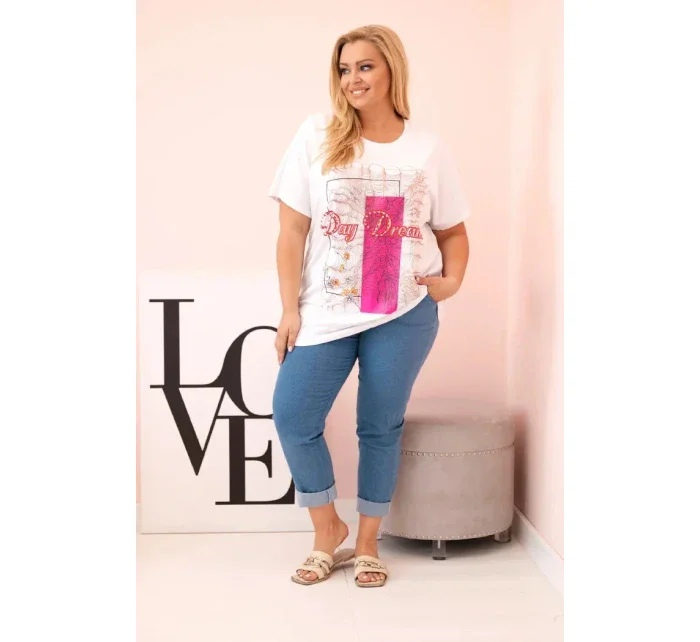 Dámská bavlněná halenka Plus Size s potiskem  bílá + růžová model 21175967 - K-Fashion