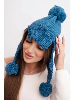 Dámská zimní čepice s vlnou, s kšiltem a bambulemi K475 jeansová