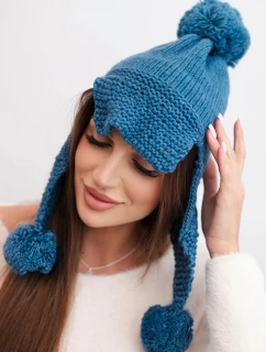 Dámská zimní čepice s vlnou, s kšiltem a bambulemi K475 jeansová