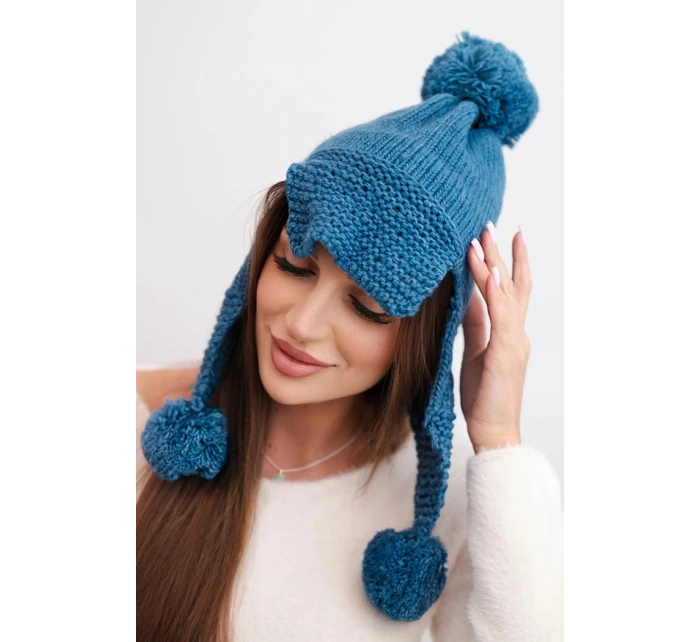 Dámská zimní čepice s vlnou, s kšiltem a bambulemi K475 jeansová Dámská zimní čepice s vlnou, s kšiltem a bambulemi K475 jeansová