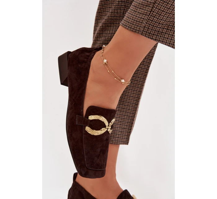 Dámské mokasíny z pravé semišové kůže se zlatým detailem D&A model 22031897 čokoládové - S.Barski