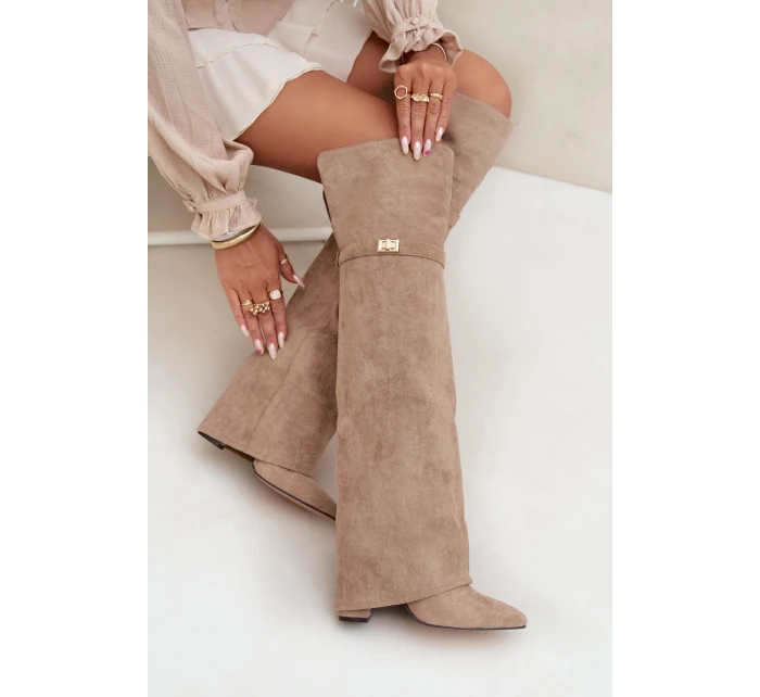 Dámské zateplené kozačky nad kolena s vyhrnutou holení a podpatkem Serelle – béžové, eko semiš Dámské zateplené kozačky nad kolena s vyhrnutou holení a podpatkem Serelle – béžové, eko semiš