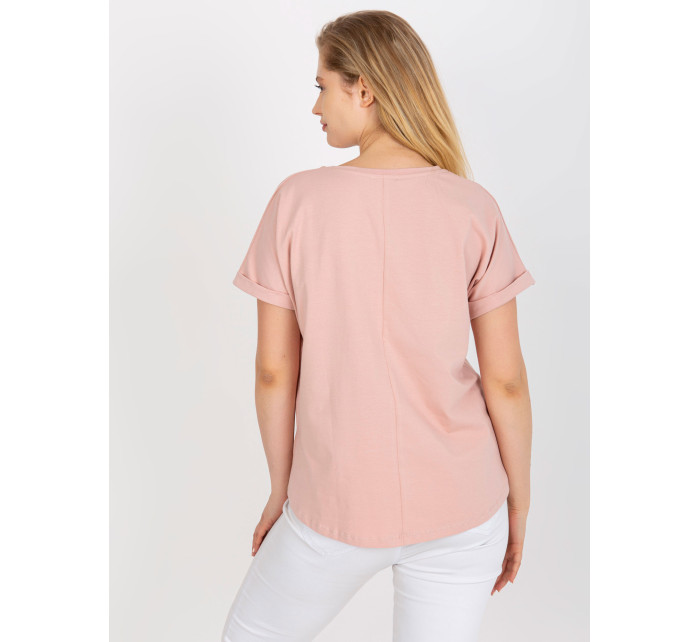 Prašně růžové bavlněné tričko plus size velikosti s potiskem