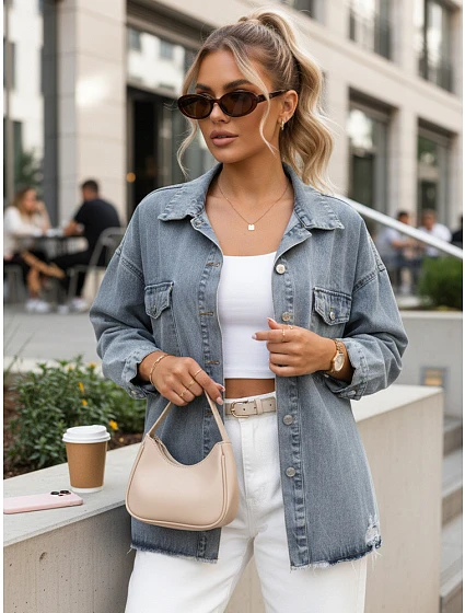 Dámská světle modrá džínová košilová bunda FashionStreet TY5690 Dámská světle modrá džínová košilová bunda FashionStreet TY5690