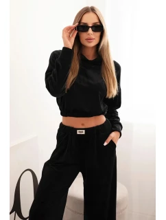 Dámský velurový komplet tepláků se širokými nohavicemi a mikinou s kapucí černý