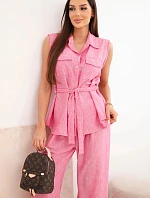 Dámský komplet s vázanou halenkou a širokými kalhotami růžový