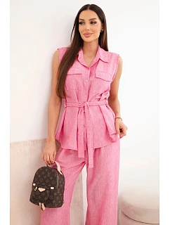 Dámský komplet s vázanou halenkou a širokými kalhotami růžový
