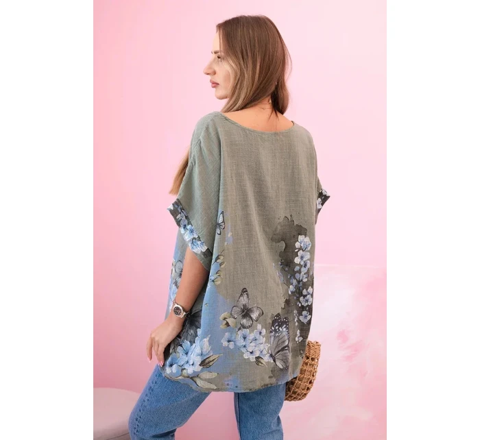 Dámská bavlněná košile s motýly a květinami khaki Dámská bavlněná košile s motýly a květinami khaki