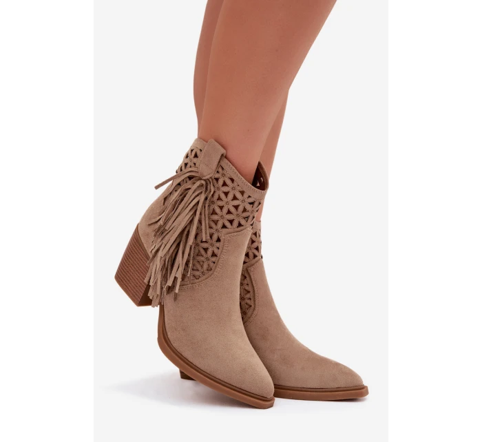 Dámské perforované kožené boty s kovbojským vzhledem na podpätku s třásněmi Béžové Calissey