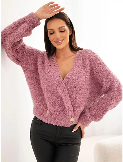 Dámský svetr s s ozdobnými knoflíky růžový tmavý model 22384921 - K-Fashion Dámský svetr s s ozdobnými knoflíky růžový tmavý model 22384921 - K-Fashion