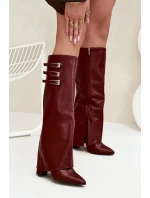 Dámské Kozačky Na Podpatku  Pásky S Přezkami Bordové model 21704830 - Boto